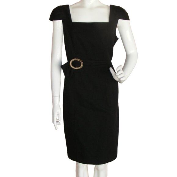 DAVID MEISTER Dress, 12, Black, Cap sleeves, back zip, Faux Leopard buckle Tweed - Picture 1 of 10